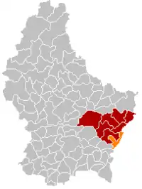 Map of Luxembourg with Wormeldange highlighted in orange, and the canton in dark red