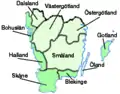 Götaland with the Swedish acquisitions of 1645 and 1658 in darker green: Gotland, Blekinge, Halland and Skåne from Denmark, and Bohuslän from Norway (then under Danish rule).