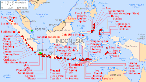 A chart with the heading "Major Volcanoes of Indonesia (with eruptions since 1900 A.D.)". Depicted below the heading is an overhead view of a cluster of islands.