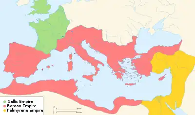 A colored map of Europe showing the Gallic Empire in green, Roman Empire in red, and Palmyrene Empire in yellow, during the rule of Tetricus I.