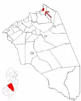 Location of Bordentown in Burlington County highlighted in red (right). Inset map: Location of Burlington County in New Jersey highlighted in red (left).