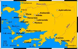 Map of ancient Caria showing cities