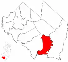 Location of Commercial Township in Cumberland County highlighted in red (right). Inset map: Location of Cumberland County in New Jersey highlighted in red (left).