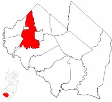 Location of Hopewell Township in Cumberland County highlighted in red (right). Inset map: Location of Cumberland County in New Jersey highlighted in red (left).