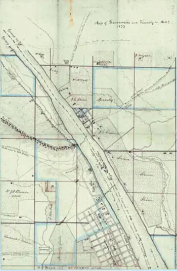 1877 map shows Dardanelle and Norristown on the Arkansas River as well as roads, properties, and geographic features.