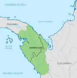 Image 5Map of the Darién Gap at the border between Colombia and Panama (from List of transcontinental countries)