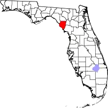 A state map highlighting Dixie County in the corner part of the state. It is medium in size.