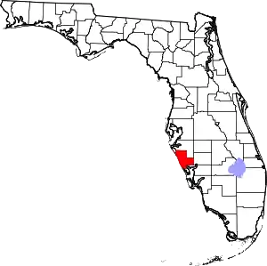 A state map highlighting Sarasota County in the southern part of the state. It is medium in size.