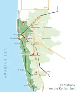 A schematic map of the Konkan Division in Maharashtra, showing hill stations and the roadways and railways connecting them