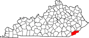 Map of Kentucky highlighting Harlan County