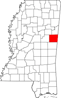 Map of Mississippi highlighting Noxubee County