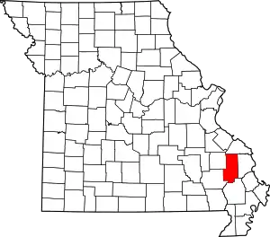 A state map highlighting Bollinger County in the southeastern part of the state.