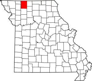 A state map highlighting Harrison County in the northwestern part of the state.