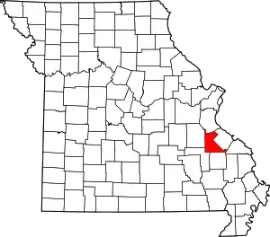 A state map highlighting Saint Francois County in the southeastern part of the state.