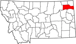 Map of Montana highlighting Roosevelt County