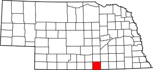 Map of Nebraska with county highlighted: on Kansas border in south central part of state