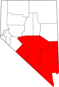 The counties most commonly associated with Southern Nevada with Mineral County not shown in red