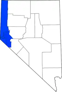 The counties most commonly associated with Western Nevada with Churchill County not shown in blue