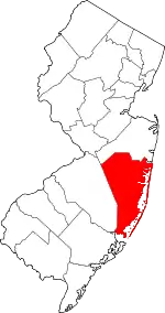 Map of New Jersey highlighting Ocean County