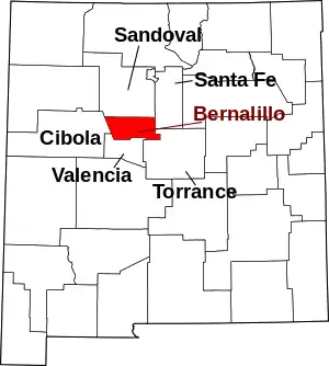 Map of New Mexico highlighting Bernalillo County