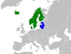 Nordics (green), Baltics (blue)