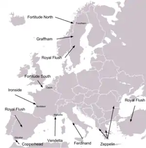 Grayscale map of Europe with the subordinate plans of Operation Bodyguard labelled