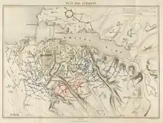 Map of the French (blue) and British (red) lines during the siege. The defenders' positions are in green.