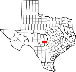 Map of Texas highlighting Gillespie County