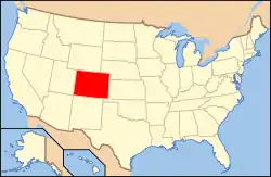 Map of the United States, showing the location of Colorado in red. Colorado is roughly in the center of the United States, south of Wyoming, West of Kansas and Nebraska, North of New Mexico, and East of Utah.