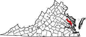 Map of Virginia highlighting King and Queen County