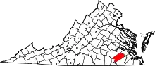 Map of Virginia highlighting Sussex County