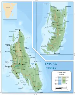 The major islands of Unguja and Pemba in the Indian Ocean