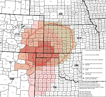 Map of states and counties affected by the Dust Bowl between 1935 and 1938 originally prepared by the Soil Conservation Service. The most severely affected counties are colored  .