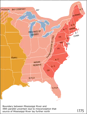 Image 6Eastern North America in 1775, including the Province of Quebec, the Thirteen Colonies on the Atlantic Coast, and the Indian Reserve as defined by the Royal Proclamation of 1763. The border between the red and pink areas represents the 1763 Proclamation line, and the orange area represents Spanish colonial claims. (from American Revolution)