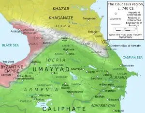 Geophysical map of the Caucasus area with major settlements and regions, overlaid with green for Umayyad territory, yellow for Khazar territory, and red for Byzantine territory