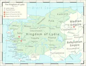 Image 33Map of the Lydian Kingdom in its final period of sovereignty under Croesus, c. 547 BC. (from History of Turkey)