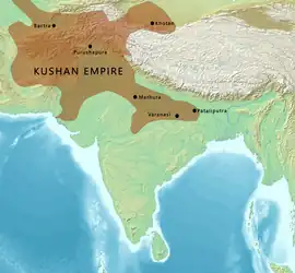 Kushan territories (full line) and maximum extent of Kushan dominions under Kanishka (dotted line), according to the Rabatak inscription.