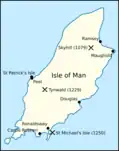 Map of Mann, showing the location of St. Michael's Isle and Castle Rushen.