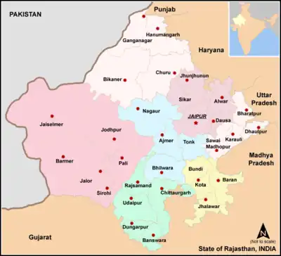 Northern-most light pink coloured region is "Jangladesh" - present-day districts of Bikaner, Churu, Ganganagar, and Hanumangarh