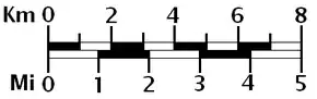 Image 52A graphical or bar scale. A map would also usually give its scale numerically ("1:50,000", for instance, means that one cm on the map represents 50,000cm of real space, which is 500 meters) (from Scale (map))