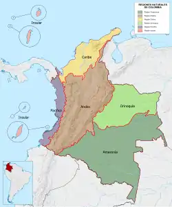 Image 19Natural regions of Colombia.  Amazon Region  Andean Region  Caribbean Region  Insular Region  Orinoquía Region  Pacific Region (from Culture of Colombia)