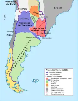 Liga Federal (pink) including present-day Argentine Provinces of Córdoba, Corrientes, Entre Ríos, Misiones and Santa Fe, plus the former Eastern Province (modern day Uruguay)