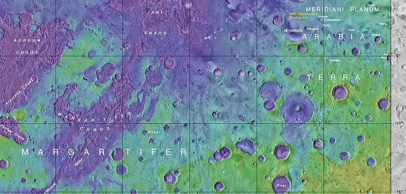 Map showing location of Arsinoes Chaos (far left), Iani Chaos, Aureum Chaos, Margaritifer Chaos, and other nearby features