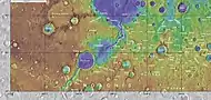 Map showing locations of several valleys in the Margaritifer Sinus quadrangle:  Landon Valles, Nirgal Vallis, Uzboi Vallis, Arda Valles, Samara Valles, Himera Valles, and Clota Vallis