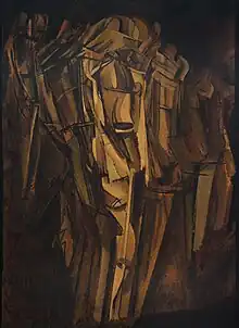 Marcel Duchamp, 1911–12, Nude (Study), Sad Young Man on a Train (Nu, esquisse, jeune homme triste dans un train), oil on cardboard mounted on Masonite, 100 x 73 cm, Peggy Guggenheim Collection, Venice