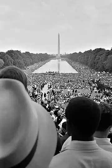 The monument as viewed from the steps of the Lincoln Memorial during 1963 March on Washington