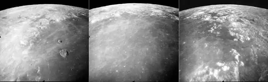 These are three views of northern Mare Crisium on the Moon, taken by the mapping camera of the Apollo 17 mission in 1972, facing north-northeast from an average altitude of 118 km on Revolution 27 of the mission.  At the right is the east margin of Mare Crisium, with the north tip of Promontorium Agarum visible in the foreground, and Mare Anguis near the central horizon. The crater Eimmart is visible in both the right and central photos as a bright patch (near the top in each).  The center photo shows an obvious lack of large craters in the mare indicating a relatively young age of the basalt, and the crater Eimmart C is visible as a ring at the edge of the mare near the top center. The left photo shows the western margin of the mare, with the crater Peirce (larger) and Swift (smaller) in the mare, and the large crater Cleomedes near the central horizon.  The rays of the crater Proclus (further to the west, not shown) are prominent in the mare.  These photos were taken within minutes of each other.  The sun elevation drops from 60 degrees at right to 46 degrees at left as the Command Module America orbited the Moon.