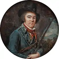Portrait of a Gentleman as a Hunter, between 1790-1793, miniature, watercolor and gouache on ivoire, diamèter 7.4 cm (Bomann-Museum, Tansey Collection)