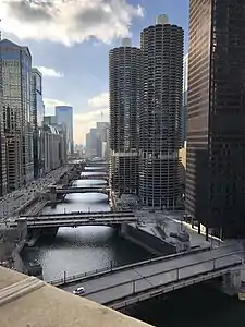 Marina City on the Chicago River. View from River Hotel