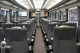 The interior of Chiltern Railways refurbished Mark 3 with the original InterCity 70 seats